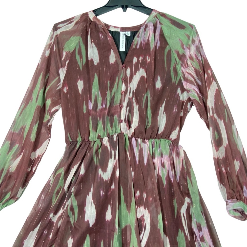 Grace + Karma Ikat Print Maxi Dress Women's L Burgundy Green Long Sleeve NWT - Picture 8 of 13